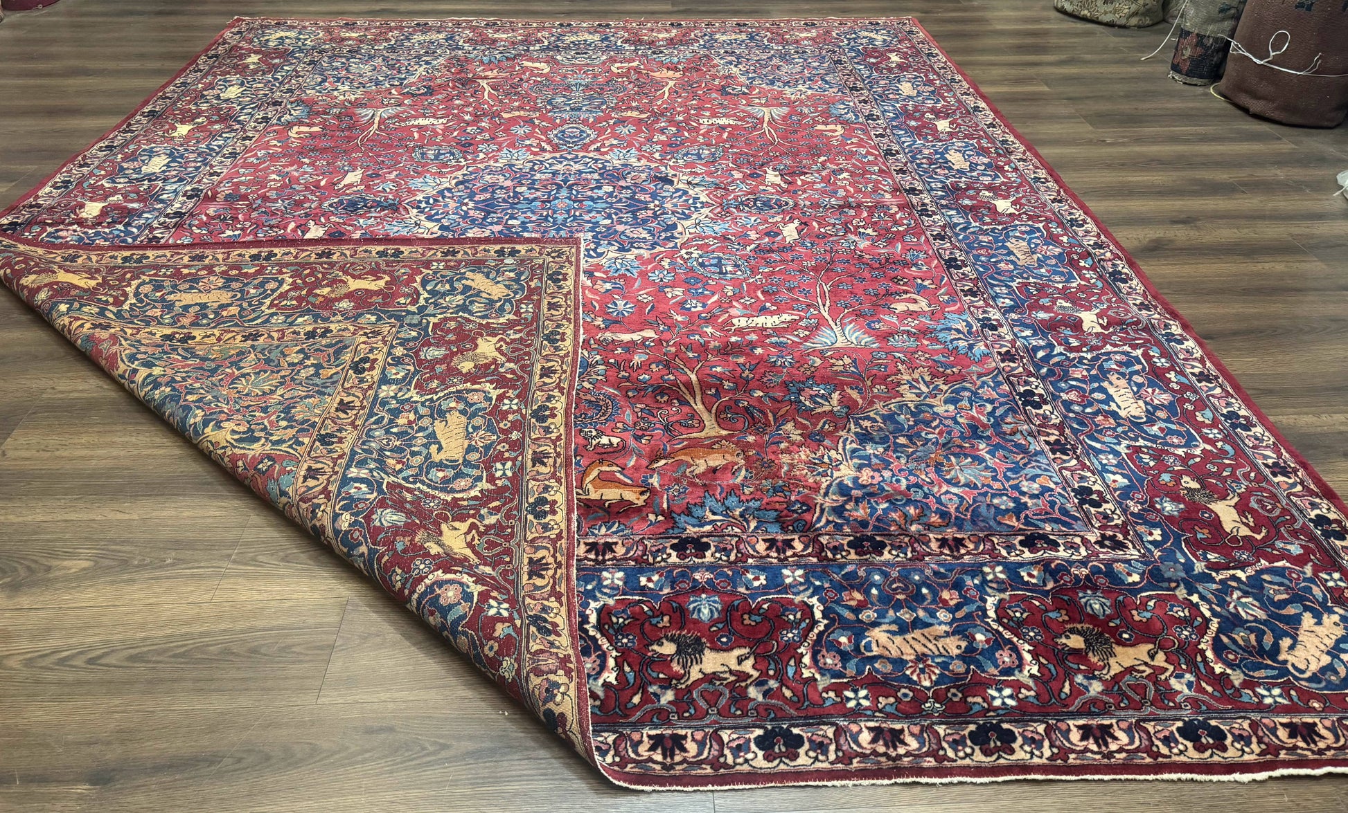 Antique Indo Persian Kerman Rug 9x12 Red Manchester Wool Animal Pictorials, Fine 290 KPSI - Nuvé