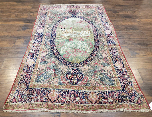 Antique Persian Kirman Rug 4.4 x 7.5, Highly Collectible, Late 19th Early 20th Century Rug, Millefleurs, Cows, Wool Hand Knotted, Pictorial - Nuvé