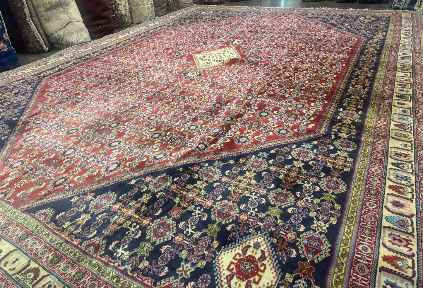 Palace Size Persian Shiraz Rug 13x19, Tribal Rug, Herati Pattern, Brick Red Navy Blue Beige, Oversized Persian Wool Area Rug, Extra Large - Nuvé