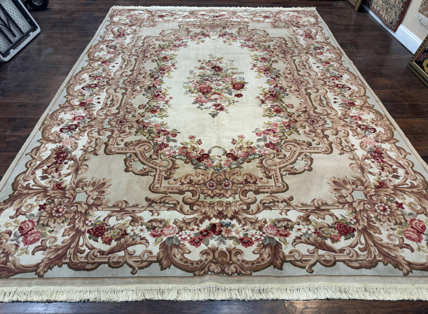 Aubusson Rug 8x12, European French Savonnerie Design, Thick Wool Pile, Elegant Rug, Cream Beige Light Green - Nuvé