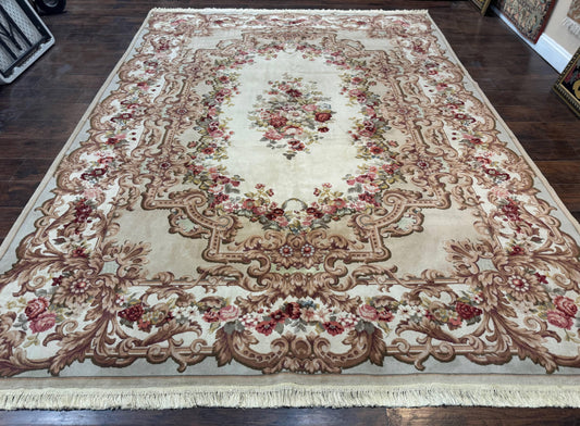 Aubusson Rug 8x12, European French Savonnerie Design, Thick Wool Pile, Elegant Rug, Cream Beige Light Green - Nuvé