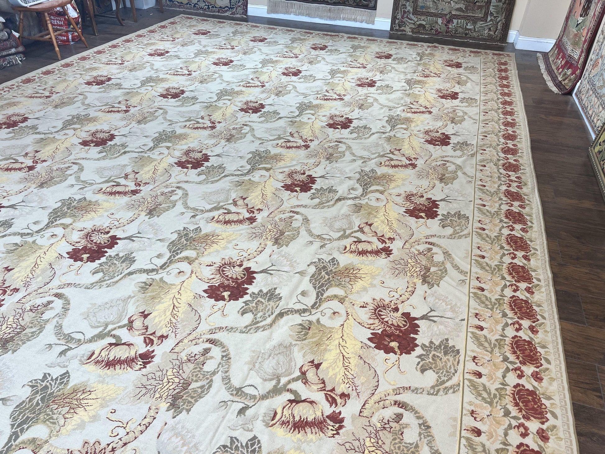 Extra Large Needlepoint Rug 14 x 20, Vintage Handwoven Handmade Wool Flatweave Carpet, Allover Floral Pattern, Elegant European Deisgn Rug - Nuvé