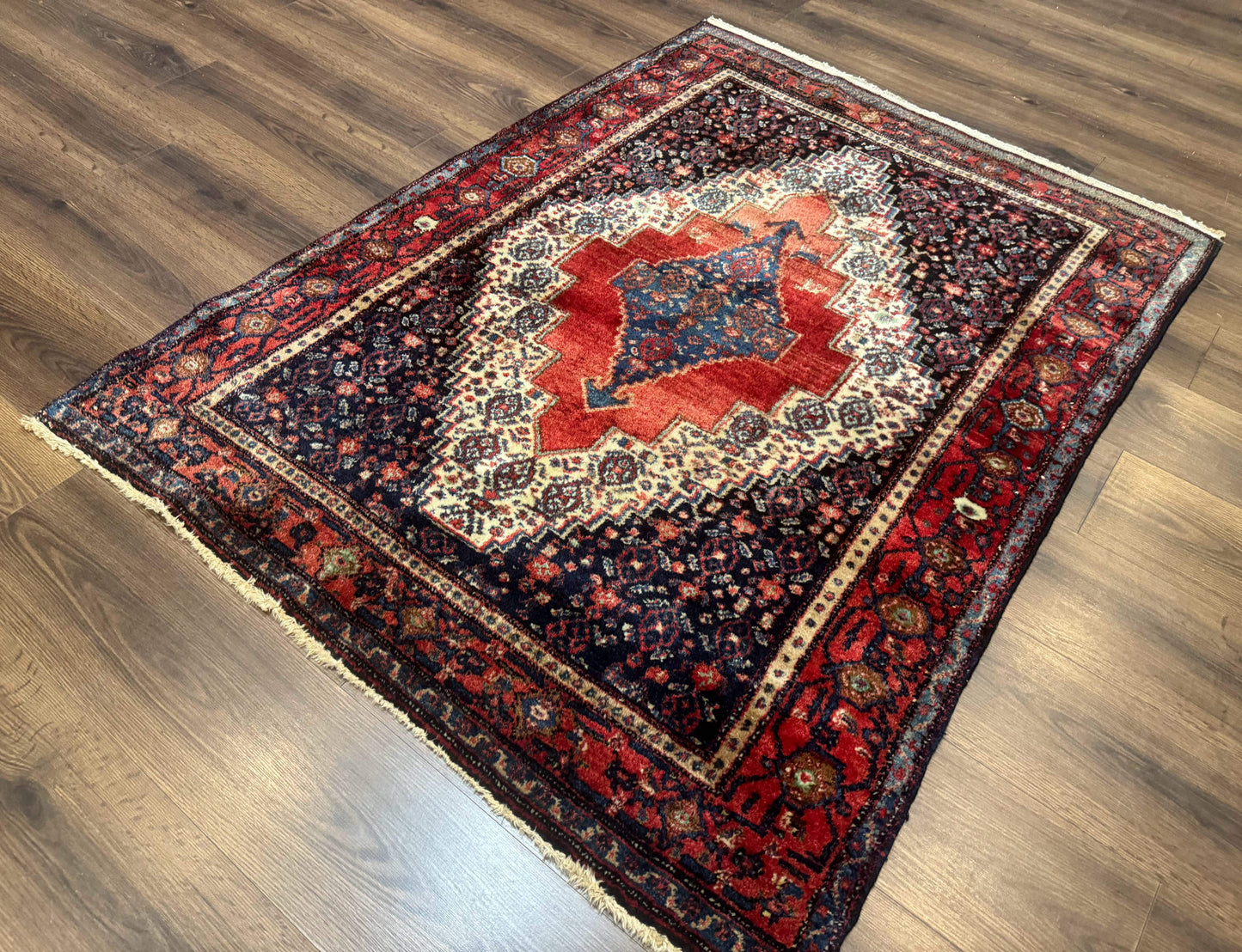 Antique Persian Kurdish Senneh Rug 4x5 Tribal Carpet Wool Geometric Medallion - Nuvé