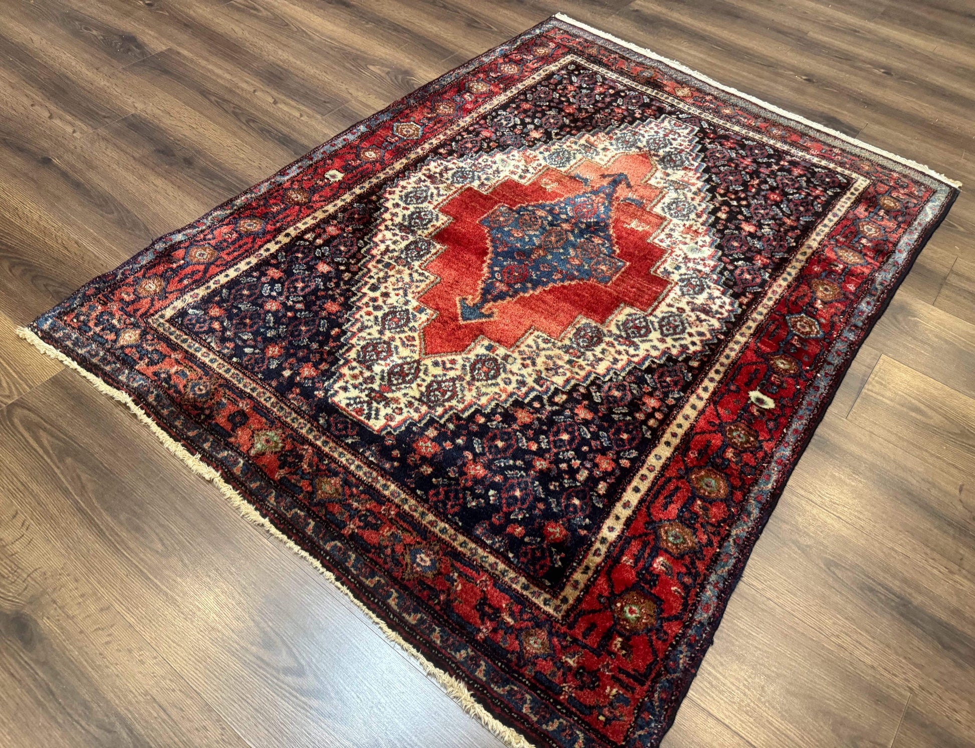 Antique Persian Kurdish Senneh Rug 4x5 Tribal Carpet Wool Geometric Medallion - Nuvé