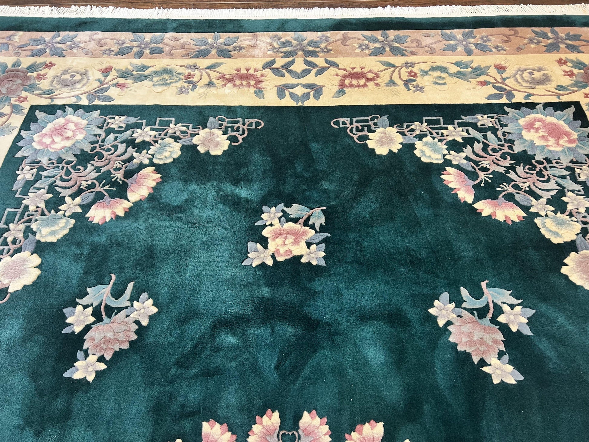 Chinese Art Deco Rug 9x12, Wool Hand Knotted Vintage Carpet, Dark Green & Cream, 90 Line Carving Rug - Nuvé