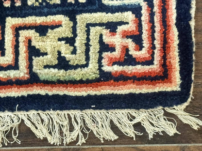 Small Antique Chinese Rug 2x2, Red Blue Square Rug Mat, Handmade, Tibetan Rug - Nuvé