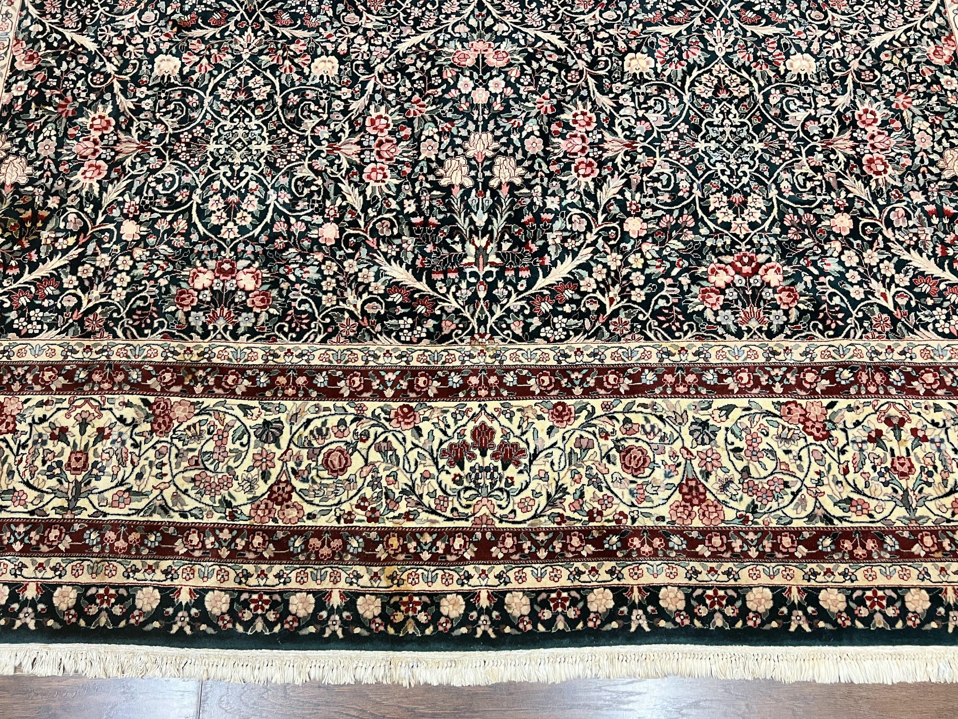 Large Sino Persian Rug 10x14, Wool Hand Knotted Vintage Carpet, Dark Green & Beige, Kirman Floral Rug, Fine Weave, Traditional, Large - Nuvé