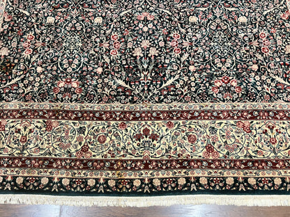 Large Sino Persian Rug 10x14, Wool Hand Knotted Vintage Carpet, Dark Green & Beige, Kirman Floral Rug, Fine Weave, Traditional, Large - Nuvé