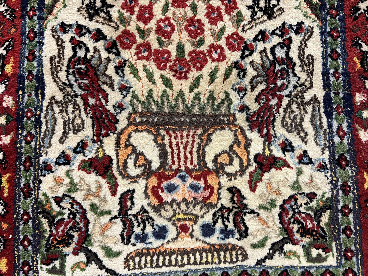 Small Indo Persian Rug 2x3 ft, Wool with Silk Highlights, Animal Pictorial Motifs Birds Vase Flowers, Cream and Maroon, Hand Knotted Fine - Nuvé