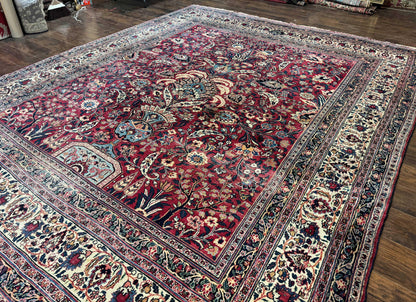 Antique Persian Mashad Rug 10x12, Red and Ivory, Signed by Master Weaver - Nuvé