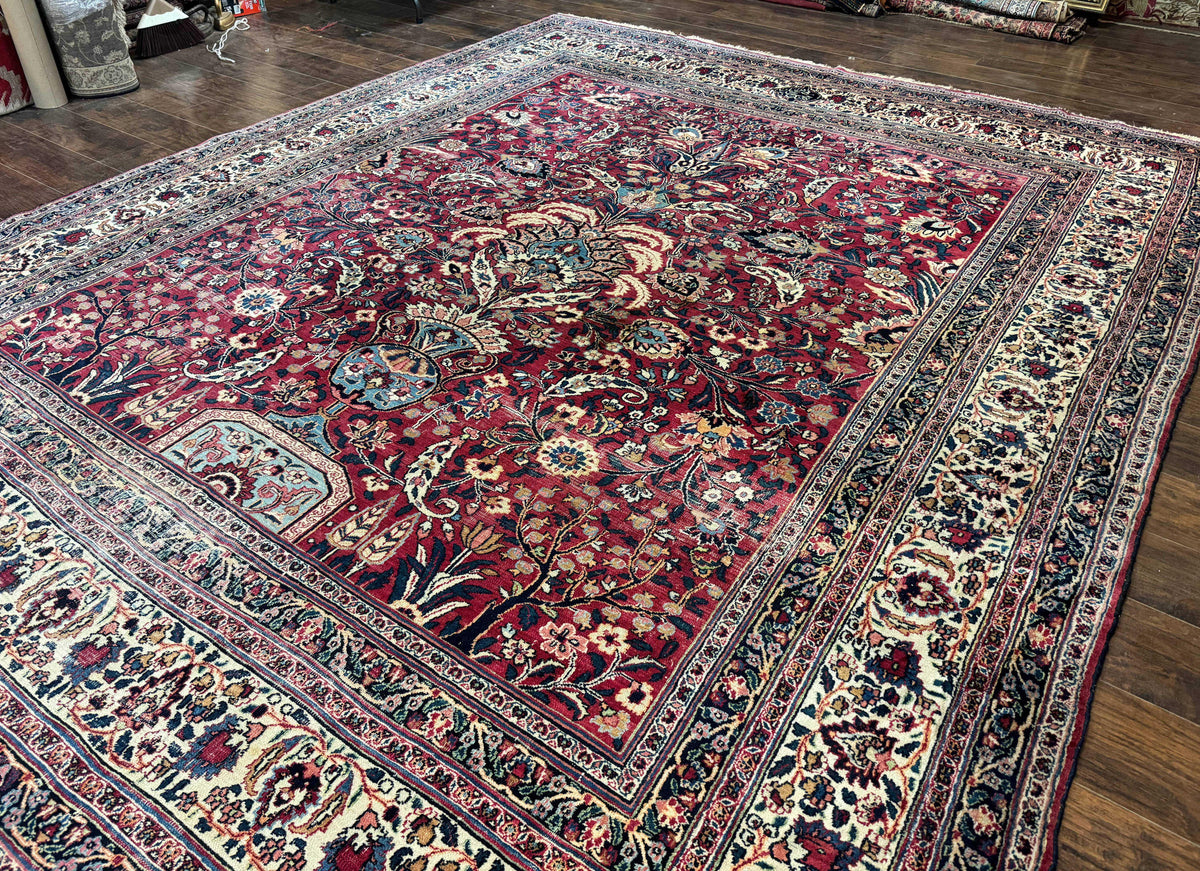 Antique Persian Mashad Rug 10x12, Red and Ivory, Signed by Master Weaver