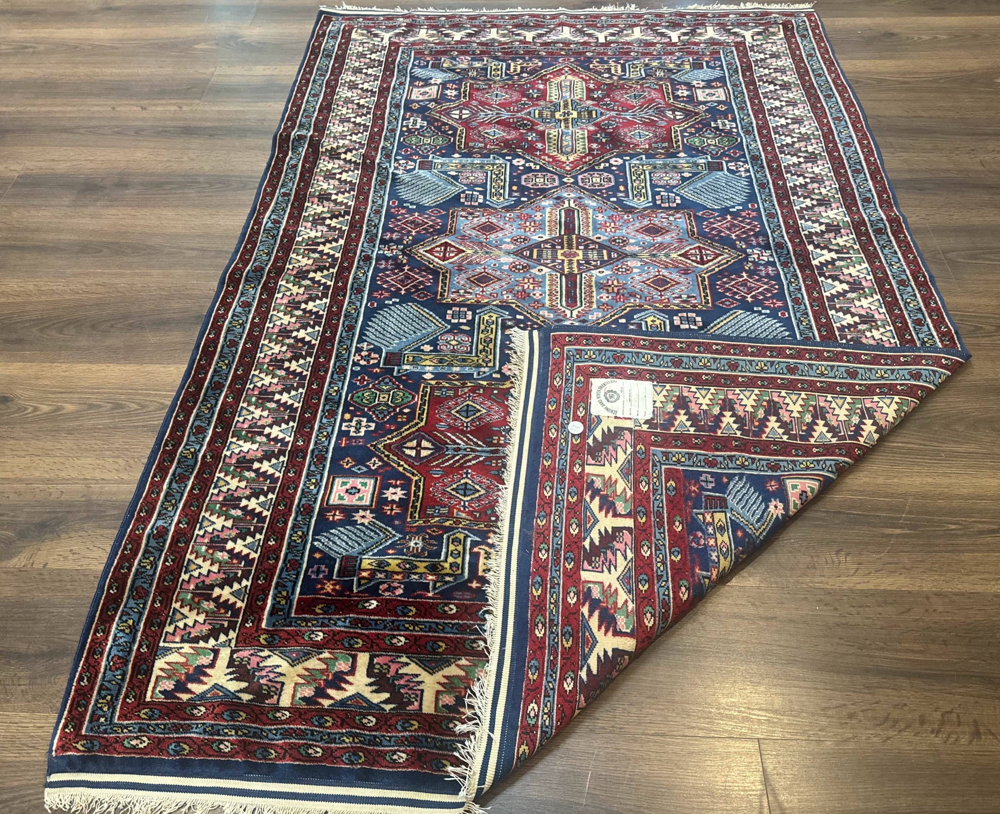 Indian Rug with Caucasian Design, 4x6 Geometric Carpet, Navy Blue and Cream - Nuvé