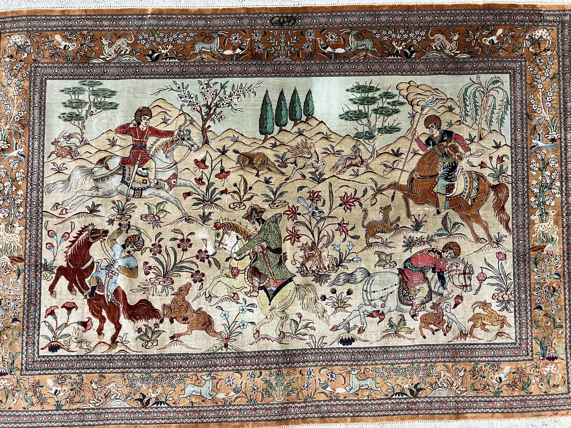 Silk Persian Qum Rug 3x5, Hunting Pattern, Handmade Vintage Carpet, Signed by Master Weaver, Horsemen Pictorials, Super Fine 650 KPSI - Nuvé