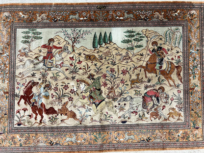 Silk Persian Qum Rug 3x5, Hunting Pattern, Handmade Vintage Carpet, Signed by Master Weaver, Horsemen Pictorials, Super Fine 650 KPSI - Nuvé