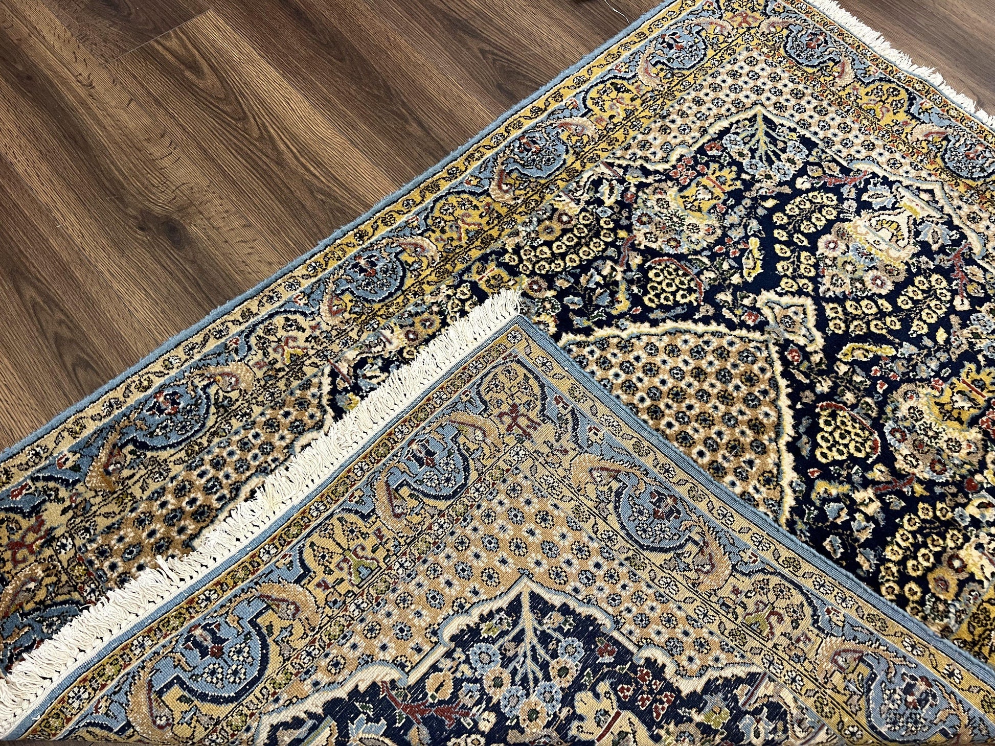 Fine Persian Qum Rug 3x5, Semi Antique Vintage Oriental Ghom Carpet, Floral Medallion, Highly Detailed, Hand Knotted, Navy Blue, Wool Area Rug, Birds - Nuvé