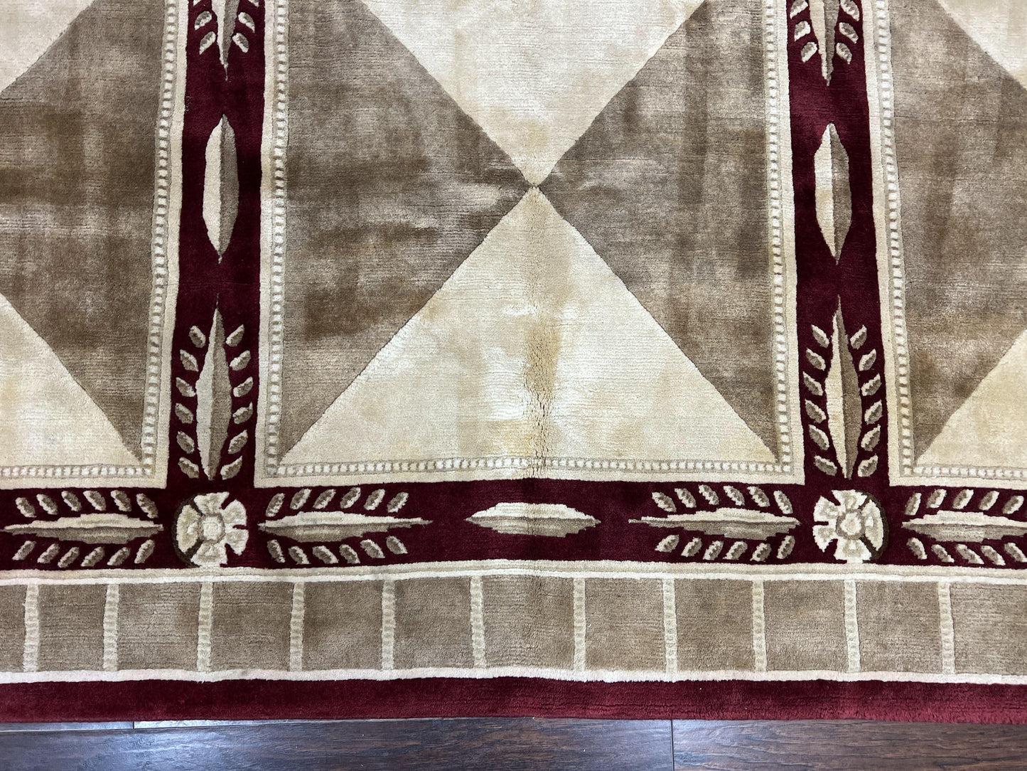 Indo Tibetan Rug 10x14, Nepali Carpet, Large Soft Wool Area Rug, Olive Tan Maroon, Contemporary Rug 10 x 14 ft Living Room Rug, Handmade Rug - Nuvé