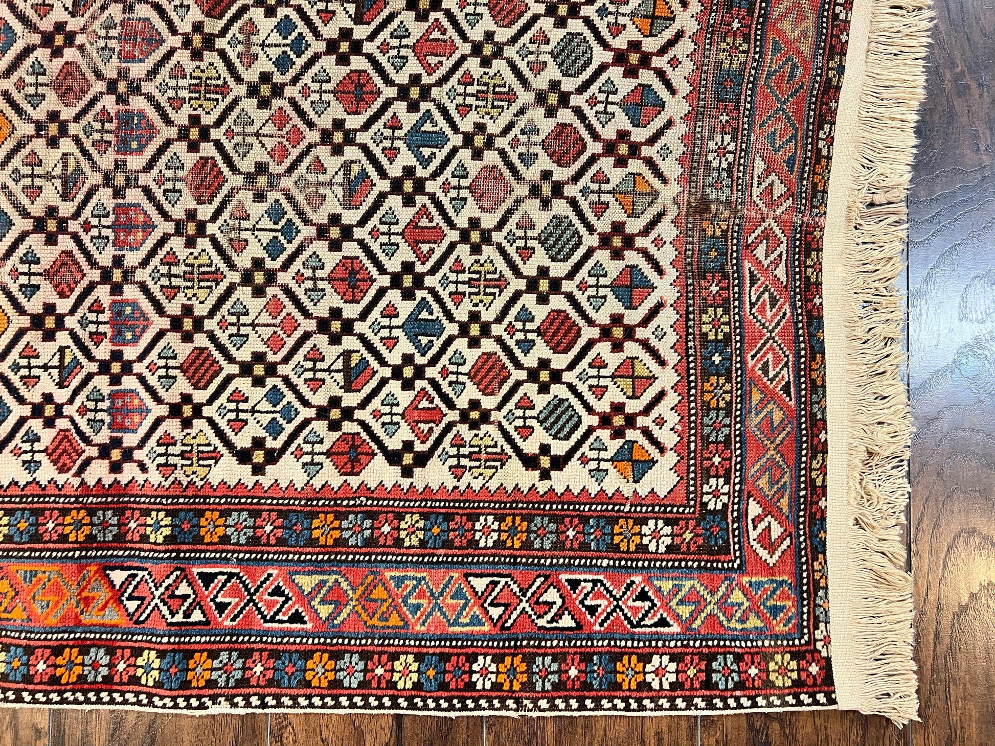 Antique Caucasian Rug 4x5, Hand Knotted Handmade Shirvan Oriental Carpet, Ivory Red Rug Allover Pattern, Rare Wool Rug, Tribal Geometric Rug - Nuvé