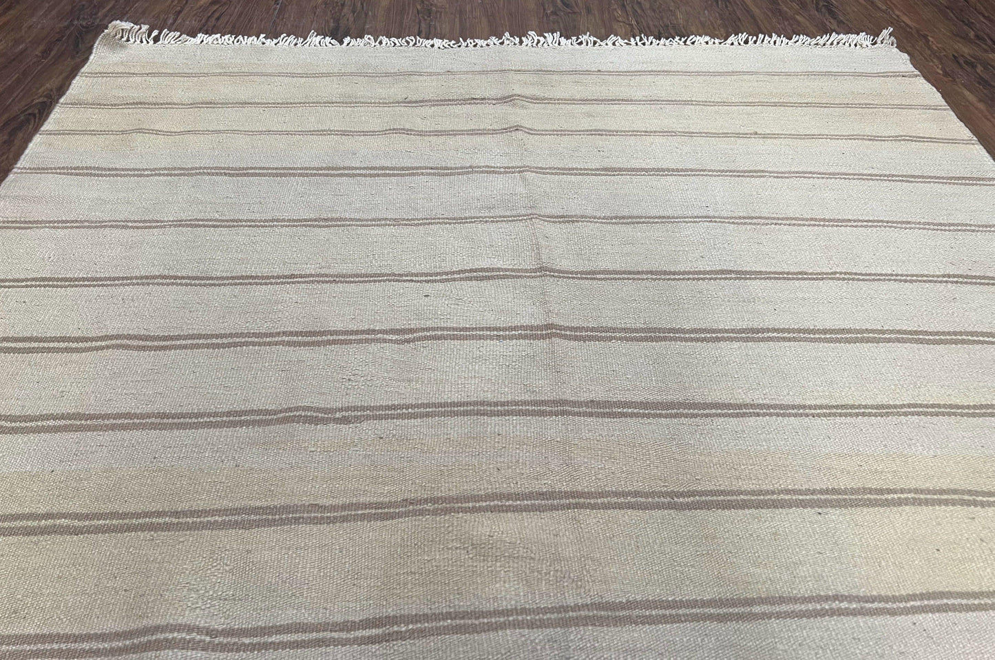 New Turkish Kilim Rug 5x8 Flatweave Carpet, Bohemian Rug, Contemporary Rug, Hand Woven, Wool Area Rug, Gray and Taupe, Striped Pattern - Nuvé