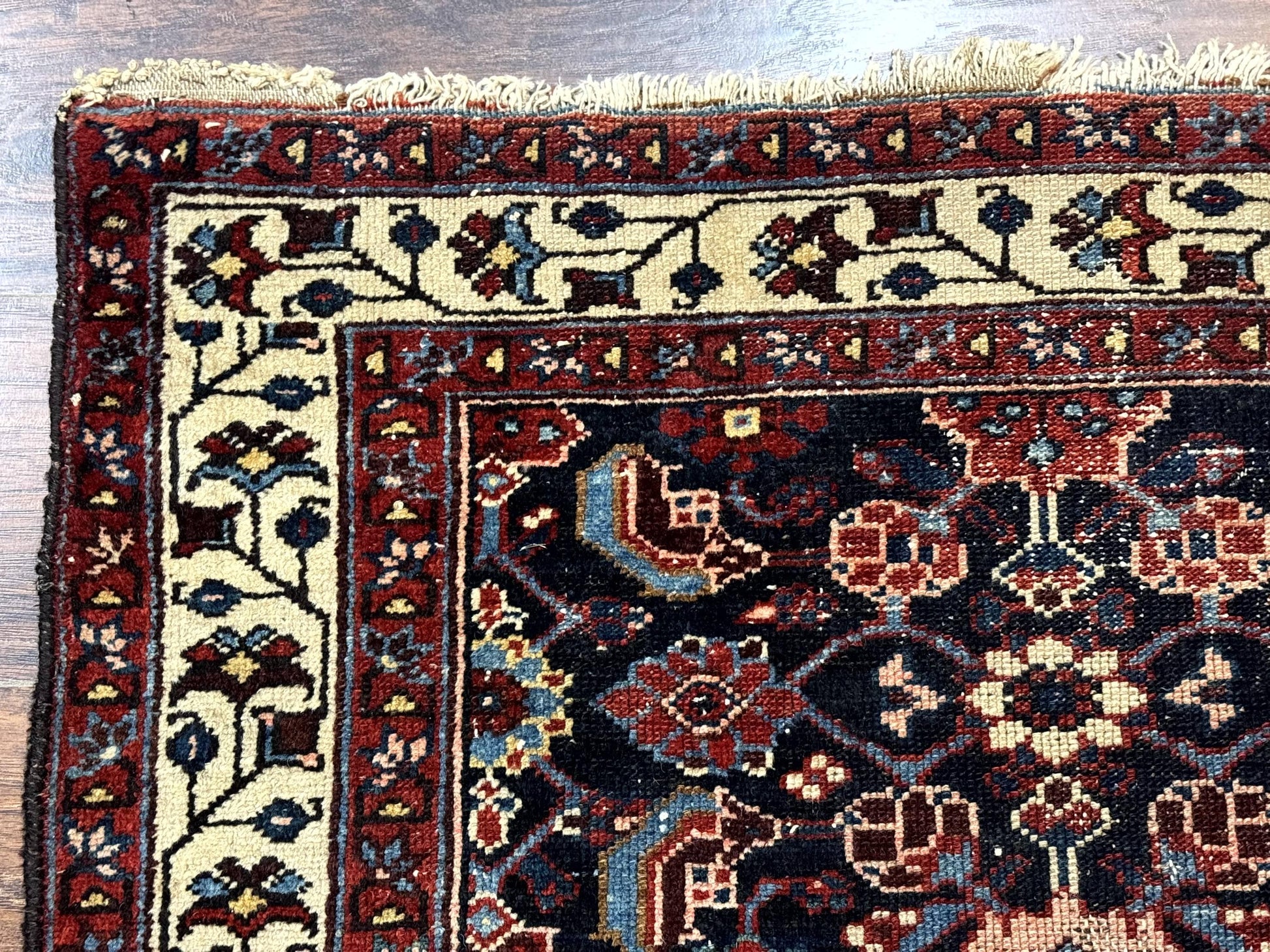 Navy Blue Antique Persian Rug 3x6, Blue and Ivory Persian Carpet, Handmade 1920s Hamadan Rug - Nuvé