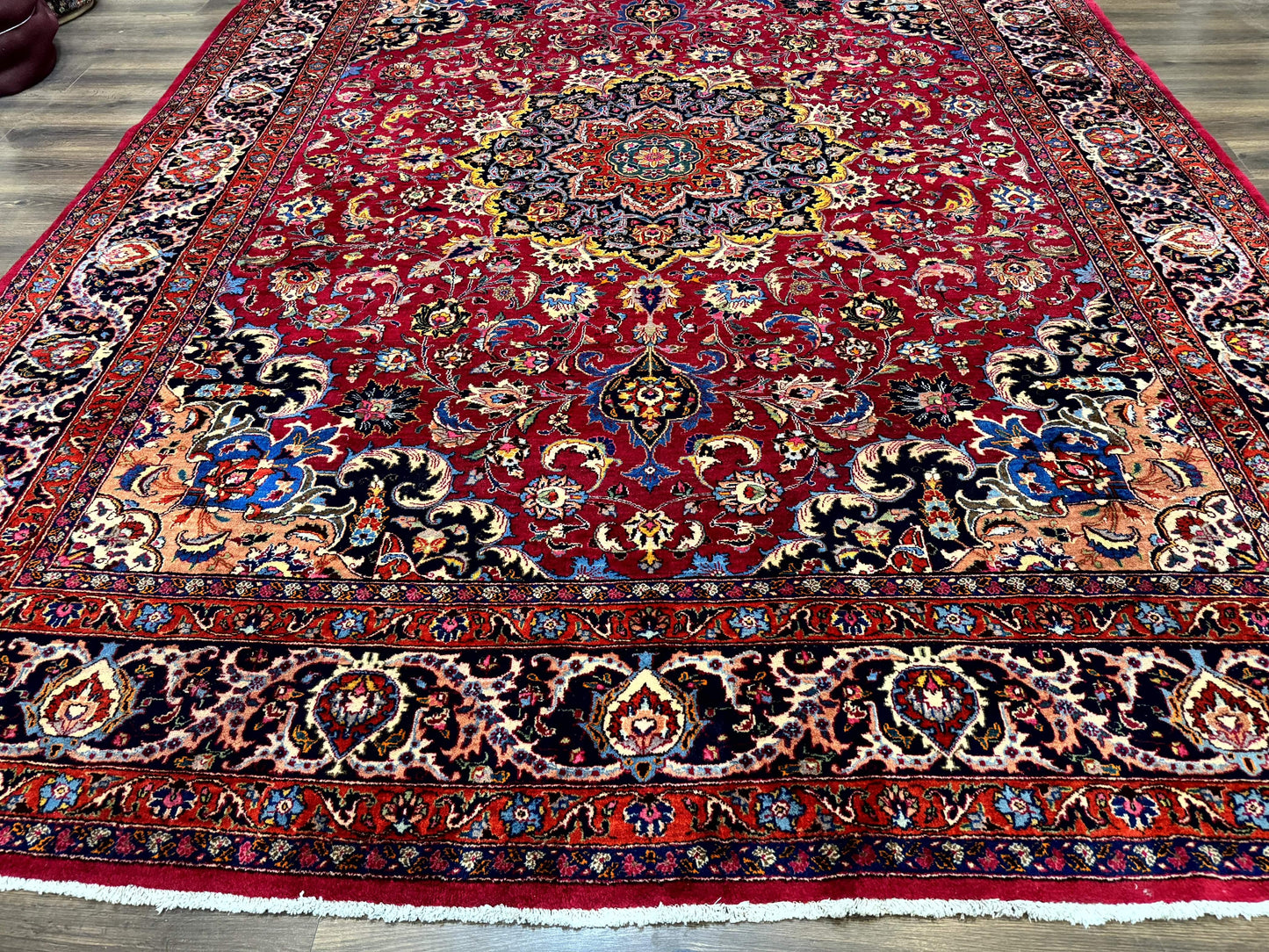 Red Persian Mashad Rug 10x13 - Floral Medallion Signed By Masterweaver - Nuvé