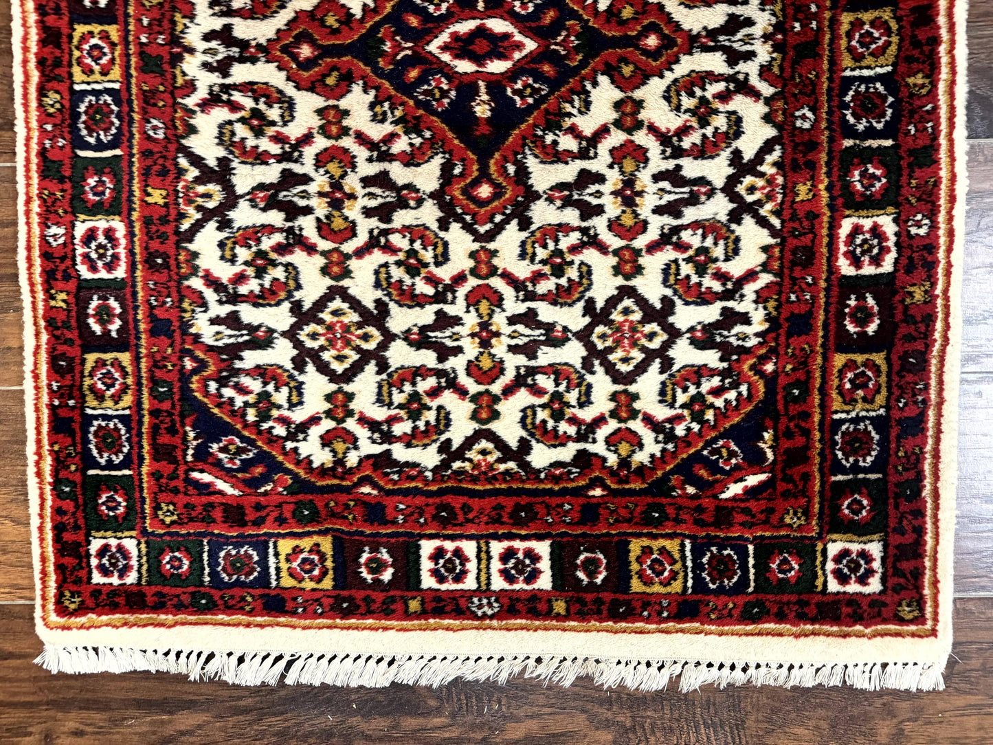 Indo Persian Bidjar Runner Rug 2.8 x 10, Vintage Rug for Hallway, 10ft Runner, Wool Handmade Ivory and Red, Medallions - Nuvé