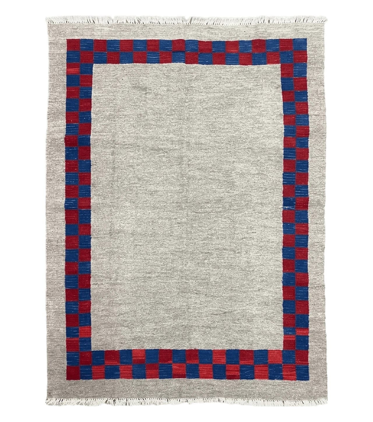 5' 7" x 7' 9" Geometric Kilim Carpet, Gray, Handmade, Hand-Knotted Area Rug, Blue & Red, Flatweave, Wool, New, Checkerboard Pattern