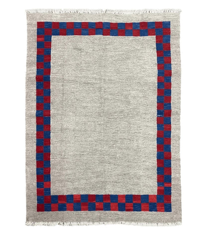 5' 7" x 7' 9" Geometric Kilim Carpet, Gray, Handmade, Hand-Knotted Area Rug, Blue & Red, Flatweave, Wool, New, Checkerboard Pattern