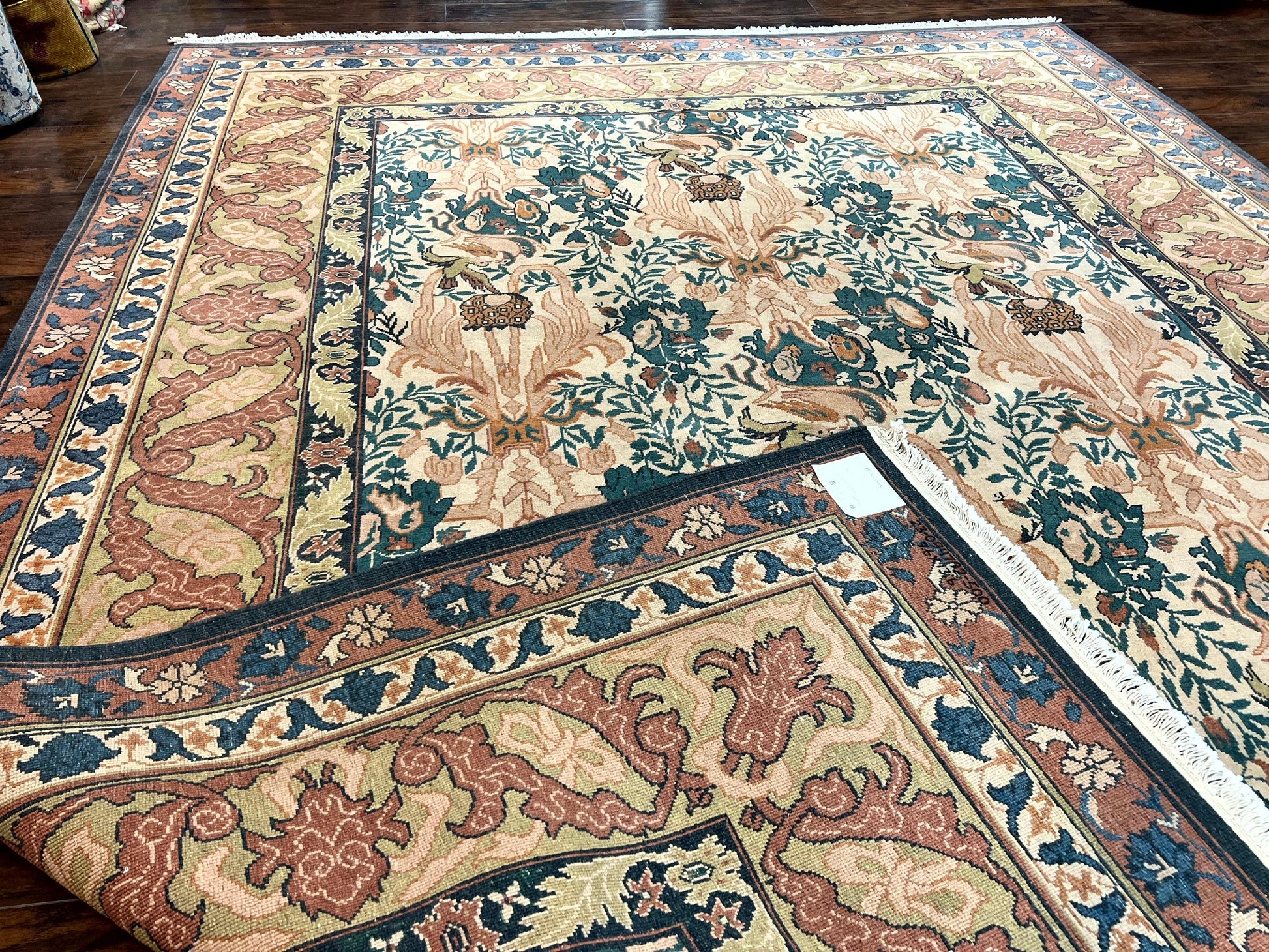 10x13 Wool Rug, Floral Pattern, Birds, Handmade Vintage Carpet, Couristan Rug, Beige - Nuvé