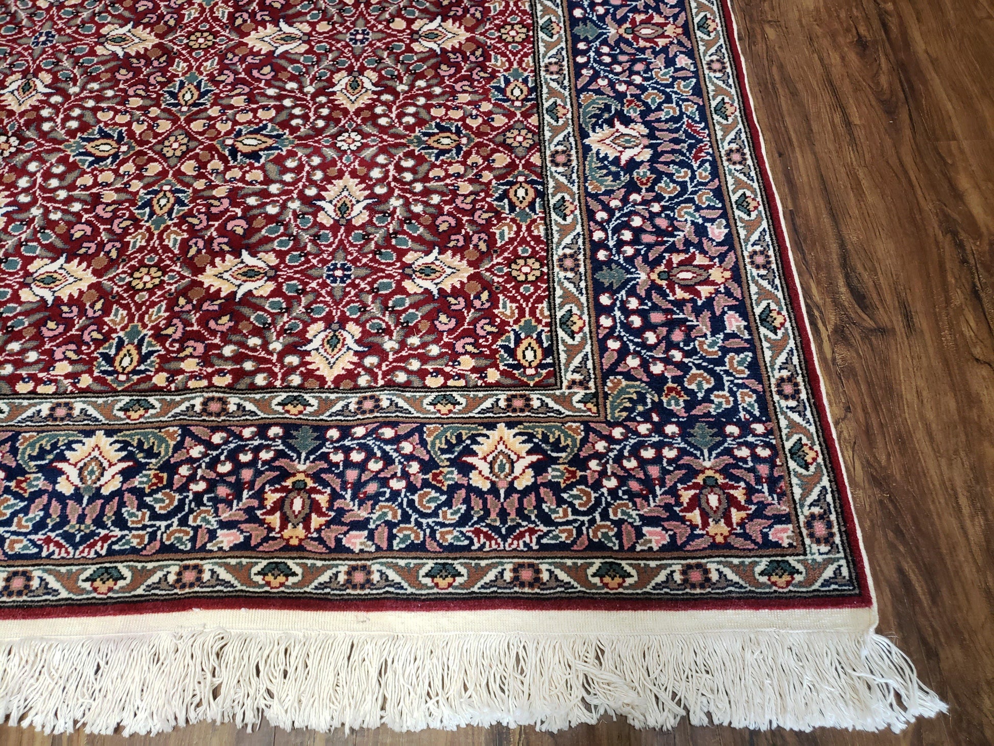 Vintage Turkish Sivas Area Rug 6.5 x 9.5, Wool Hand-Knotted Red & Midnight Blue Allover Floral Pattern Oriental Carpet, 6x9 Traditional Rug - Nuvé