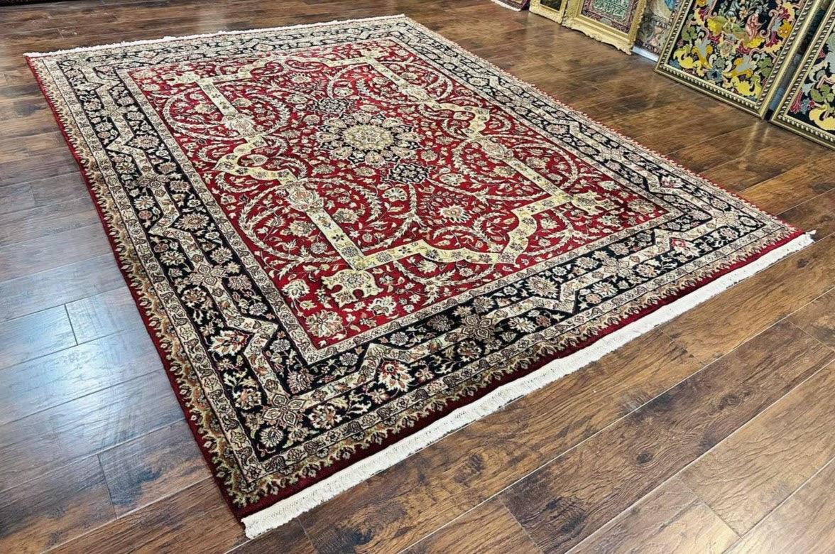 Indo Persian Rug 8x10, Red Vintage Wool Traditional Carpet, Floral, Handmade - Nuvé