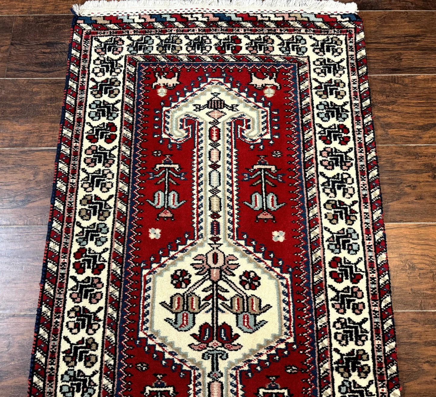 Indo Persian Runner Rug 2.6 x 12, Heriz Geometric Caucasian Design, Animal Pictorials, Tribal Runner Rug, Vintage Handmade Wool Red - Nuvé