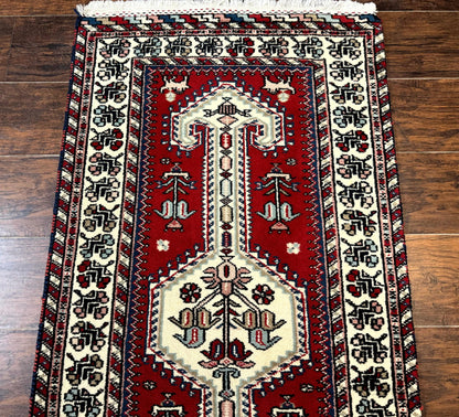 Indo Persian Runner Rug 2.6 x 12, Heriz Geometric Caucasian Design, Animal Pictorials, Tribal Runner Rug, Vintage Handmade Wool Red - Nuvé