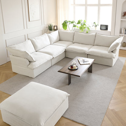 Sabi Modular Boucle Cloud Sofa - Snow White - 5-Seater Sectional Sofa with Ottoman - Nuvé