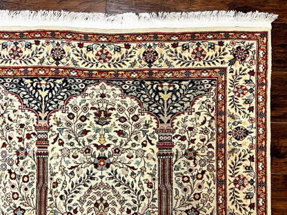 Pak Perisan Prayer Rug 4x6, Tree of LIfe Carpet, Handmade Vintage Wool Rug, Beige, Floral Vases - Nuvé