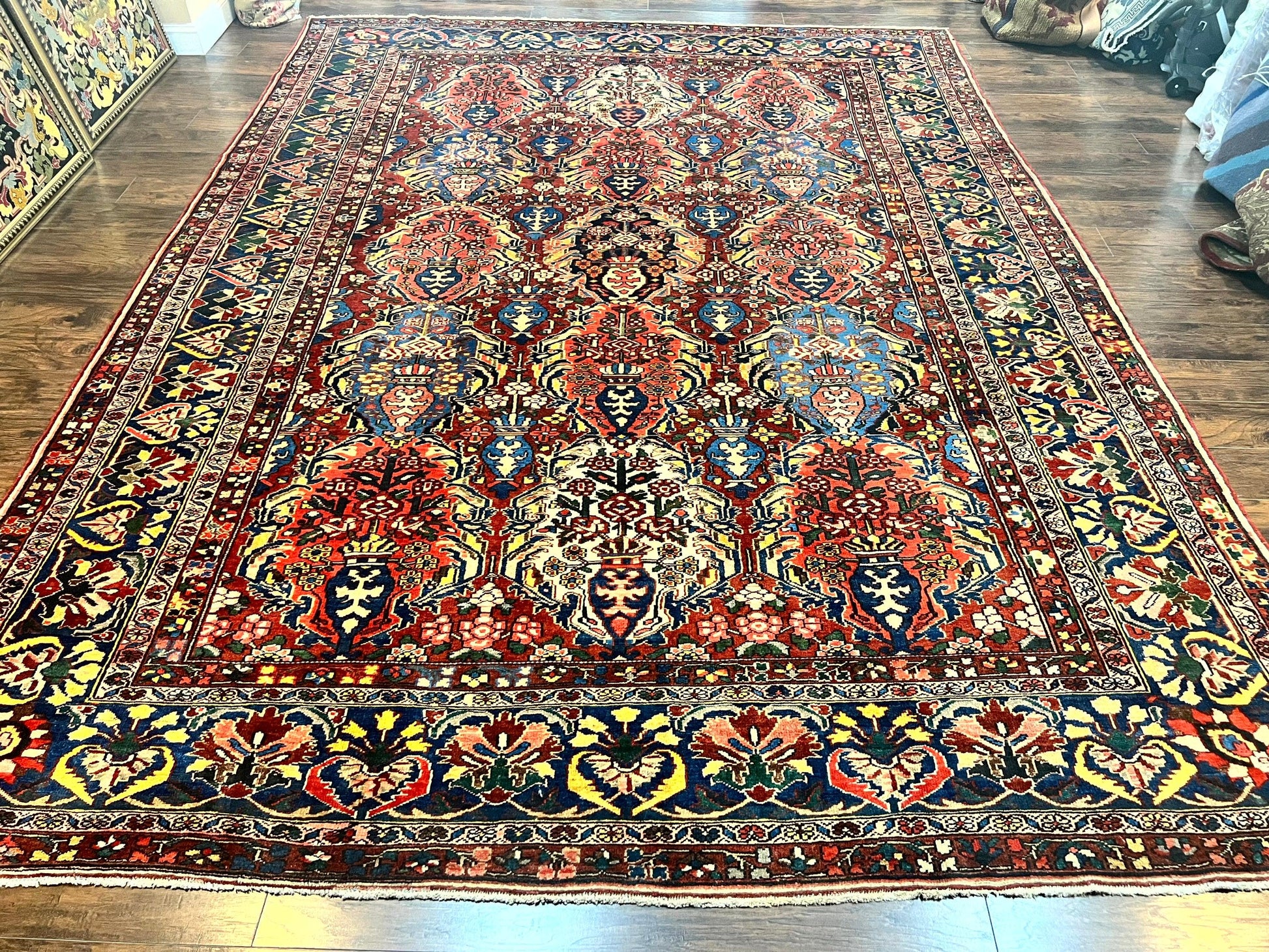 Large Persian Bakhtiari Rug 10x14, Rare Perisan Tribal Rug, Red Blue Ivory Multicolor, Hand Knotted, Semi Antique Carpet - Nuvé