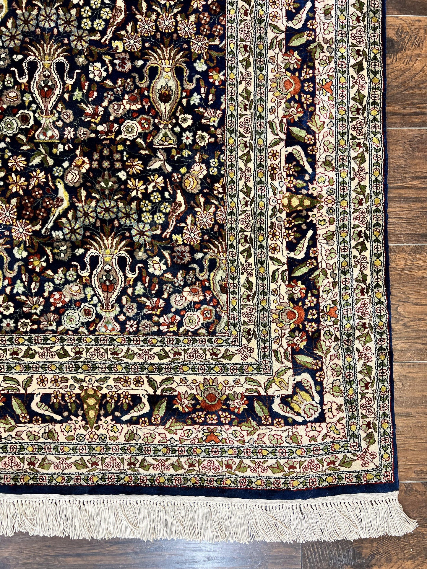 Silk Indian Kashmiri Rug 5x7, Navy Blue Indo Persian Silk Carpet 5 x 7 ft, Hand Knotted Handmade Very Fine Oriental Carpet, 450 KPSI, Birds - Nuvé