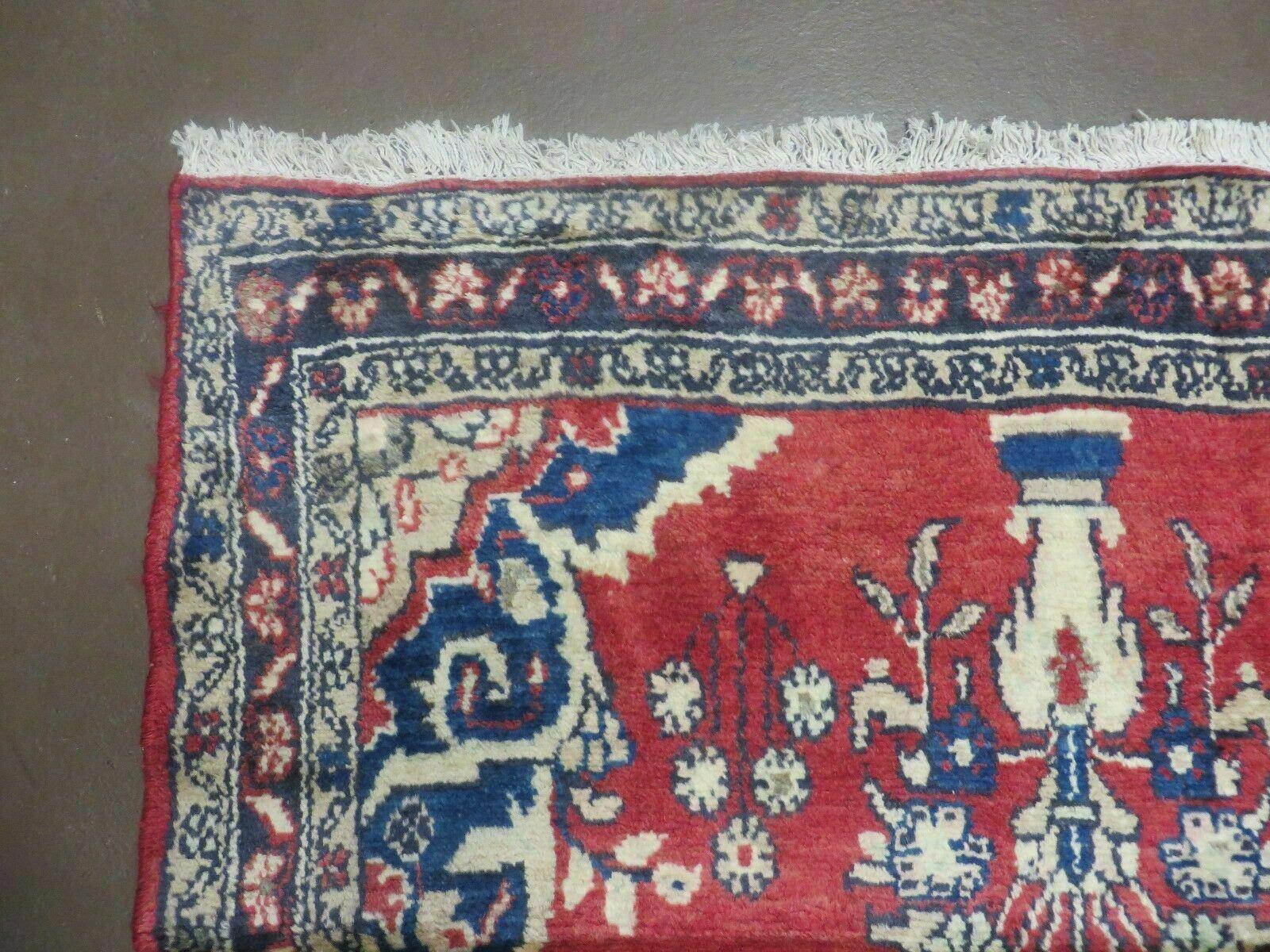 Persian Runner Rug 3 x 12, Antique Wool Oriental Runner, Floral Vases, Red & Navy Blue - Nuvé