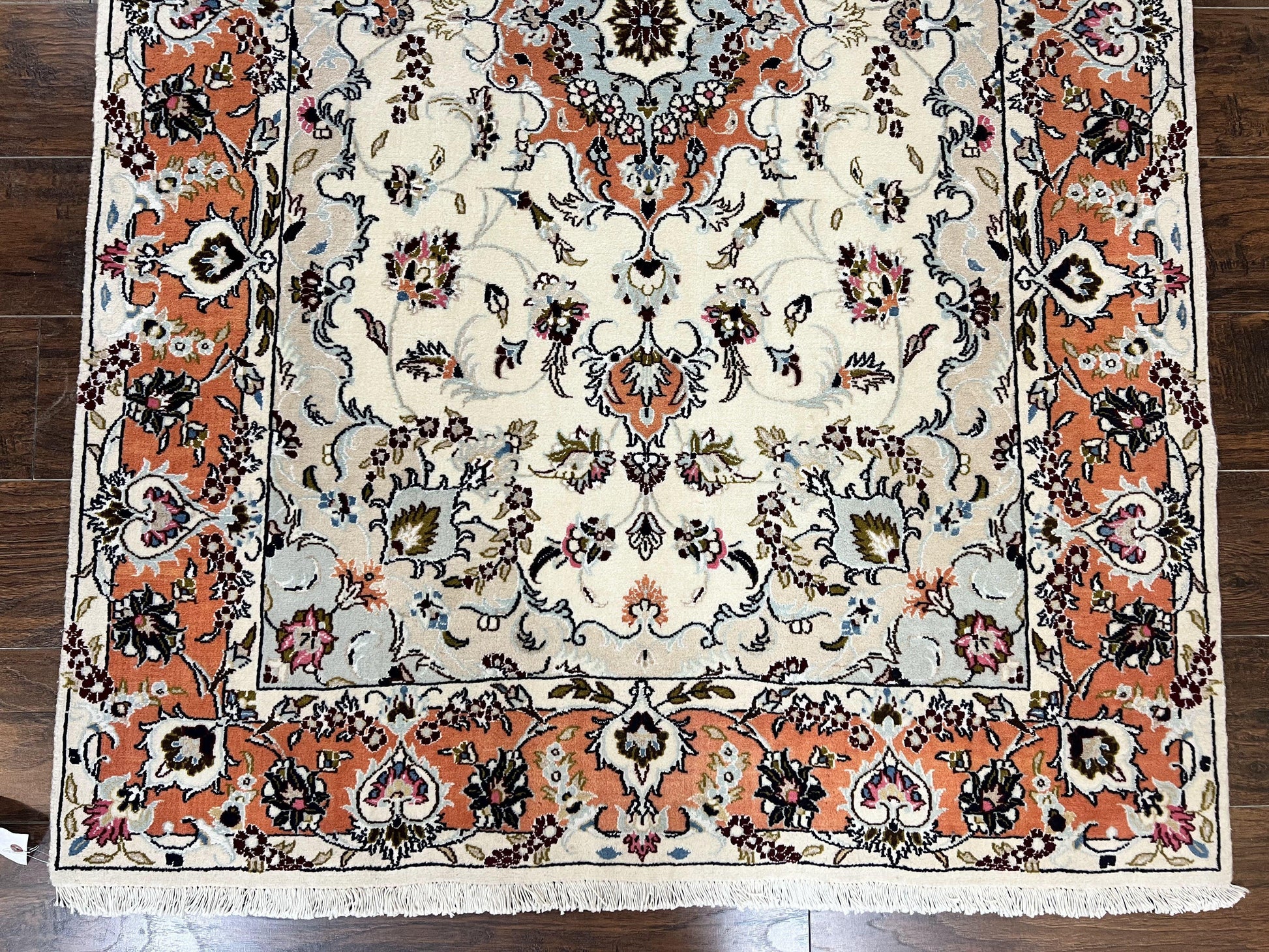 Persian Tabriz Rug 4.5  x 6.8, Finely Hand Knotted Wool with Silk Highlights Vintage Oriental Carpet, Cream and Salmon, High KPSI, Floral Medallion - Nuvé