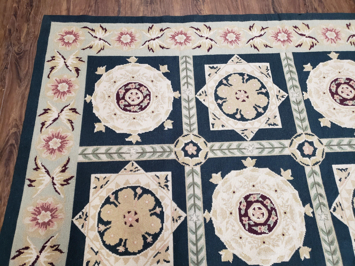 Vintage Chinese Needlepoint Rug 6x9, Panel Design Area Rug Wool Hand-Woven Black & Ivory Carpet Flat Weave Bedroom Rug 6 x 9 Living Room Rug - Nuvé