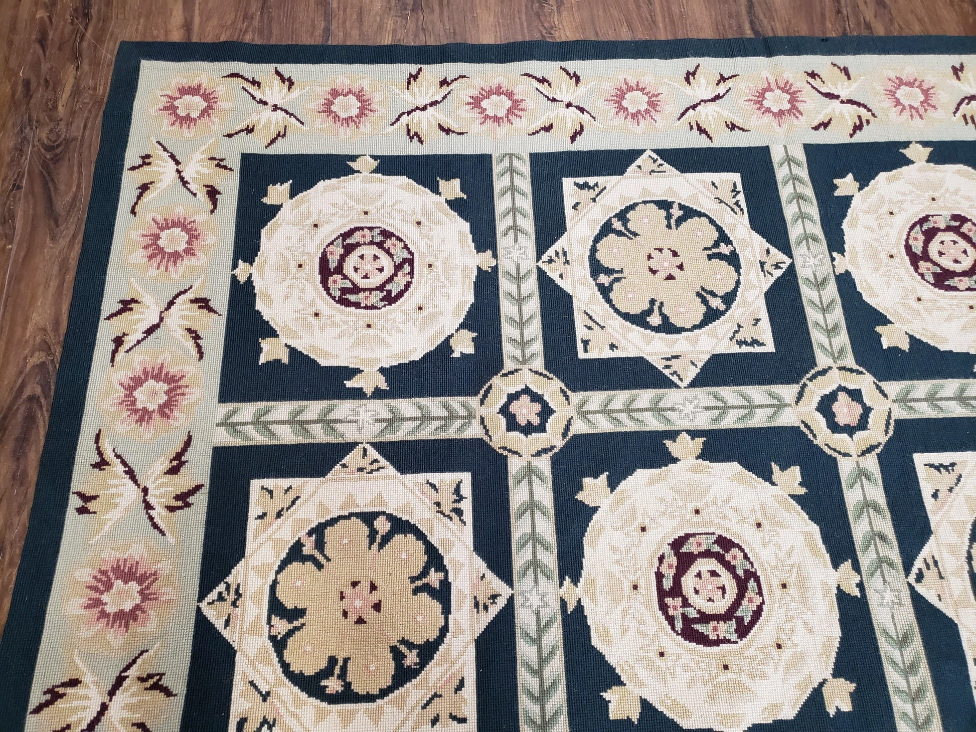 Vintage Chinese Needlepoint Rug 6x9, Panel Design Area Rug Wool Hand-Woven Black & Ivory Carpet Flat Weave Bedroom Rug 6 x 9 Living Room Rug - Nuvé