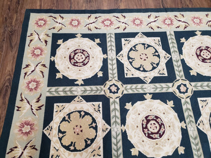 Vintage Chinese Needlepoint Rug 6x9, Panel Design Area Rug Wool Hand-Woven Black & Ivory Carpet Flat Weave Bedroom Rug 6 x 9 Living Room Rug - Nuvé
