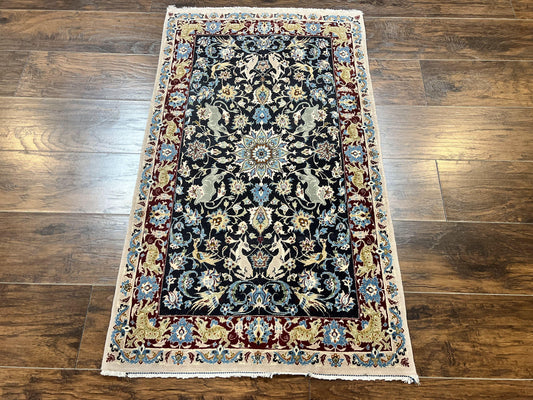 Wonderful Persian Isfahan Rug 2.4 x 4, Animal Pictorials Deer, Floral, Handmade Vintage Navy Blue Small Persian Carpet, Very Fine 430 KPSI Kork Wool - Nuvé