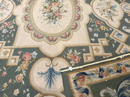 Aubusson Rug 9x12, Muted Sage Green and Cream, European Design - Nuvé