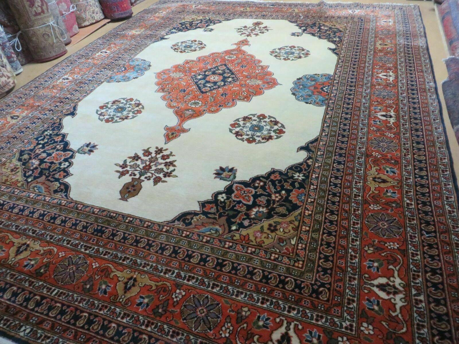 Indo Persian Rug 9x12, Semi Open Field Medallion, Ivory Tomato Red Navy Blue, Hand Knotted Indian Oriental Wool Carpet 9 x 12 ft, Room Sized - Nuvé