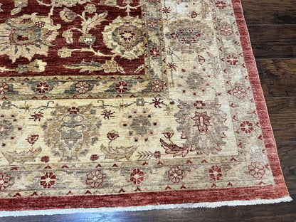 Pak Persian Rug 10x14, Sultanabad Mahal Peshawar Chobi Carpet, Large Vintage Wool Oriental Rug, Maroon & Beige, Floral Allover, Handmade - Nuvé