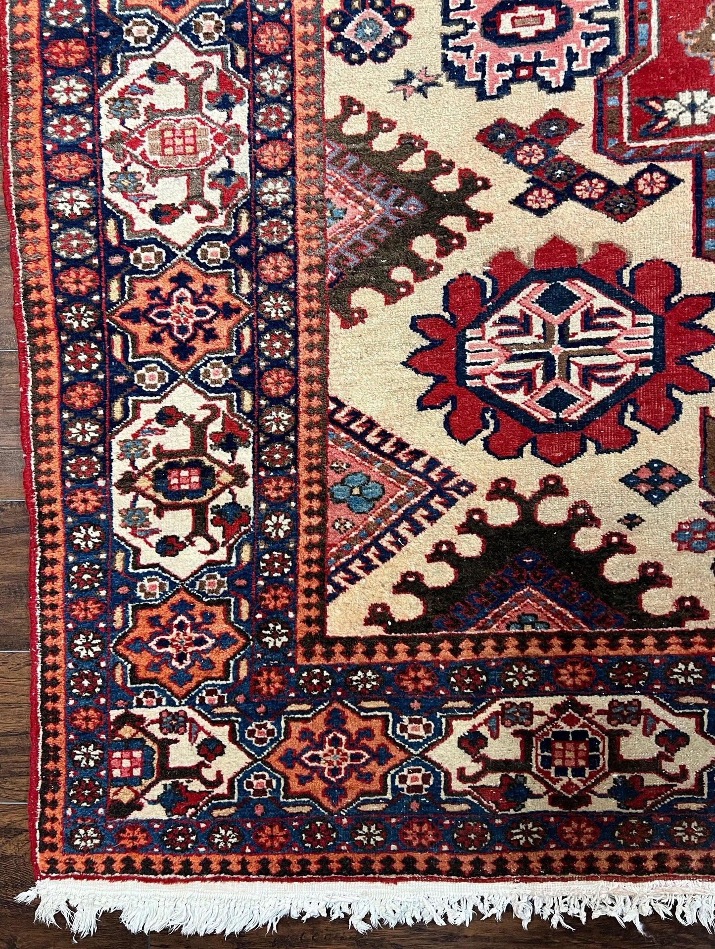 Antique Persian Heriz Rug 8x12 ft, Geometric Tribal Room Sized Carpet, Camel Hair Red Navy Blue, Wool Hand Knotted Medallion Oriental Carpet - Nuvé