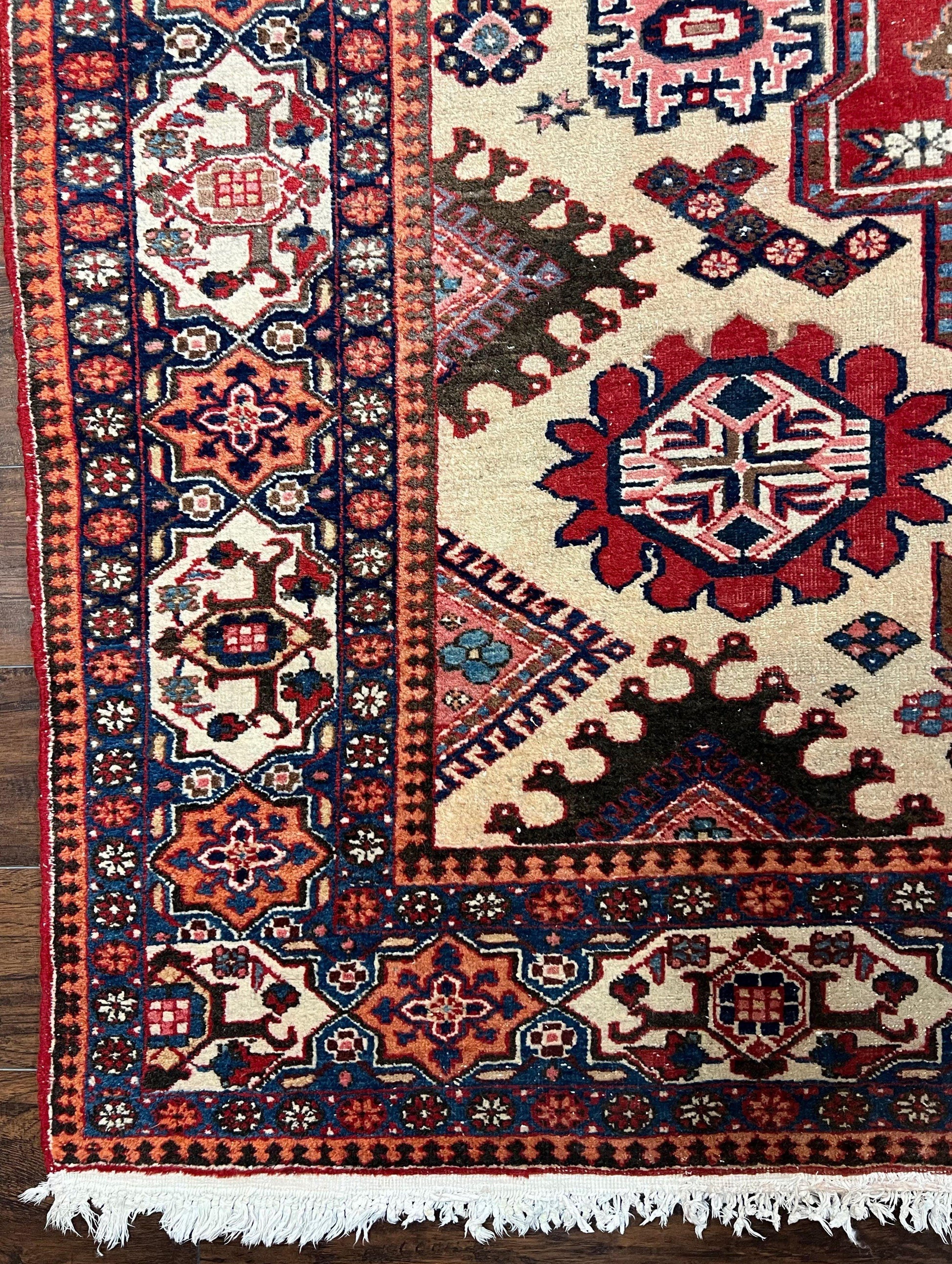 Antique Persian Heriz Rug 8x12 ft, Geometric Tribal Room Sized Carpet, Camel Hair Red Navy Blue, Wool Hand Knotted Medallion Oriental Carpet - Nuvé