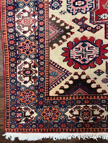 Antique Persian Heriz Rug 8x12 ft, Geometric Tribal Room Sized Carpet, Camel Hair Red Navy Blue, Wool Hand Knotted Medallion Oriental Carpet - Nuvé