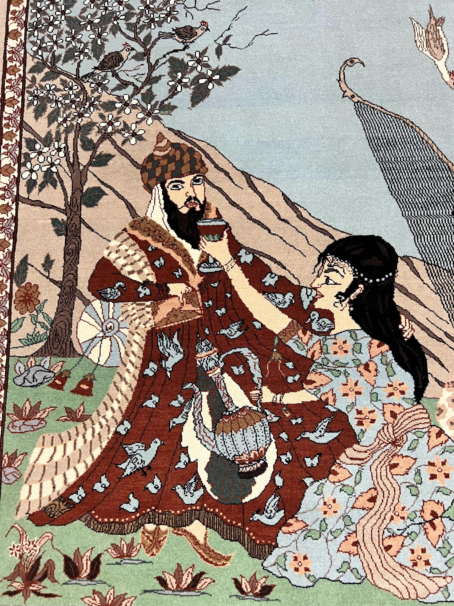 Indo Persian Pictorial Rug 4x7, Handmade Hand Knotted Wool Semi Antique Horizontal Carpet, Men & Women Drinking, Fine Rug, Bird Pictorials - Nuvé
