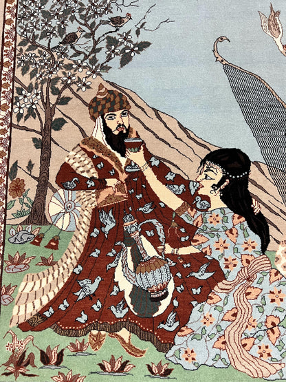 Indo Persian Pictorial Rug 4x7, Handmade Hand Knotted Wool Semi Antique Horizontal Carpet, Men & Women Drinking, Fine Rug, Bird Pictorials - Nuvé